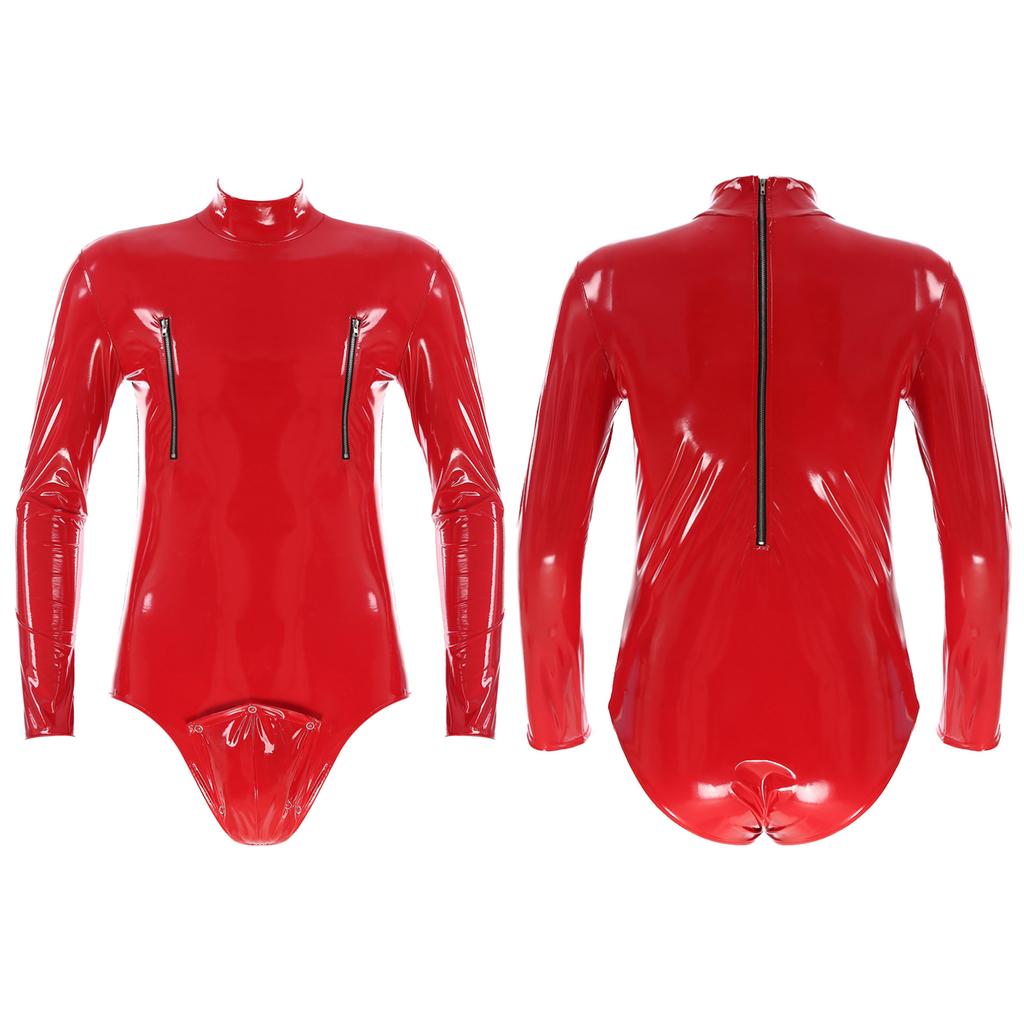 Мужское боди с мокрым эффектом, цельное боди с длинными рукавами, комбинезон из лакированной кожи, комбинезон из блестящего латекса, комбинезон