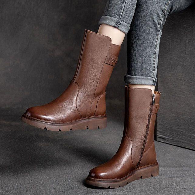 Женские кожаные ботинки, плюшевые сапоги, зимние теплые модные зимние сапоги до середины икры на высоком толстом каблуке, женская обувь