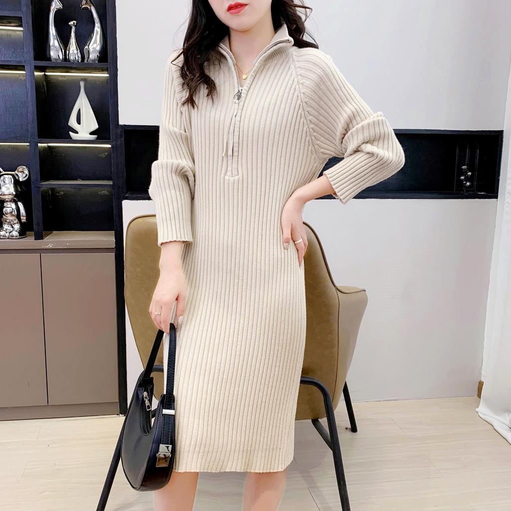 Temperament Autumn and Winter New Knitted Dress Medium and Long Half Zipper Loose Casual Stand-up Neck Sweater Skirt Women's Clothing