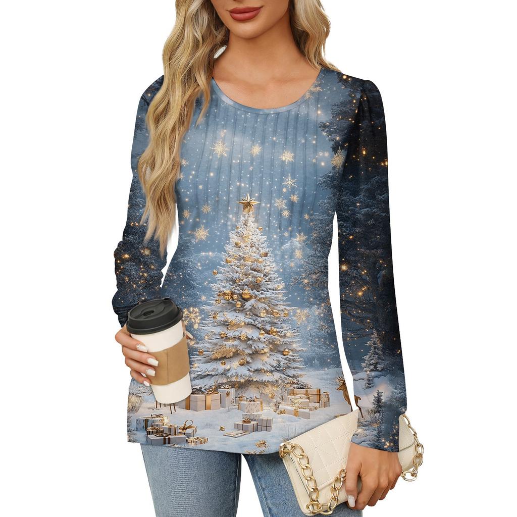 Рубашки с длинным рукавом для женщин Милые принты Графические футболки Блузки Нарядные повседневные блузки Плиссированные туники с круглым вырезом Топы Рождество