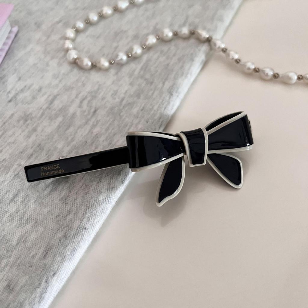 Elegant Acetate Bow Hairpin & Hairband Set - Black and White Clip with Hair Tie.