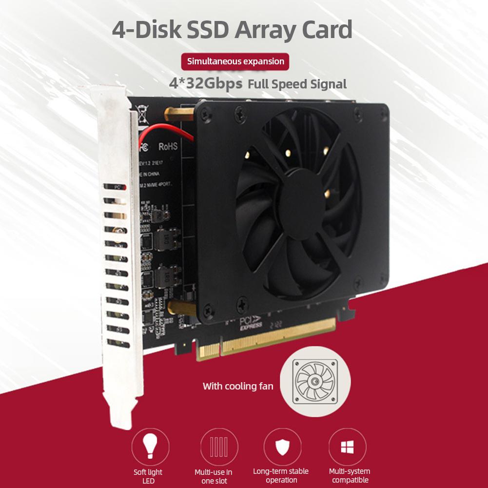 PH44F PCIe 4.0 X16 Switch To 4 Ports M.2 Adapter Card with Heat Sink PCIEX16 NVME M.2 MKEY SSD RAID Array Expansion 4 X 32Gbps