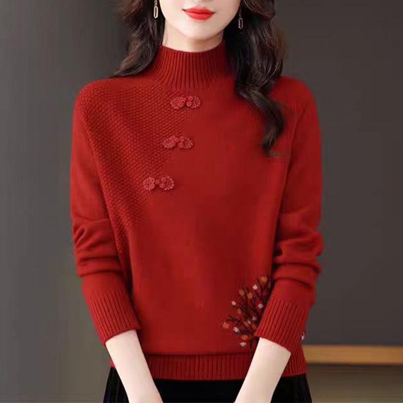 Жаккардовый свитер с полуворотом, женская внутренняя блузка в китайском стиле в стиле ретро, осенне-зимняя трикотажная нижняя рубашка в стиле вестерн