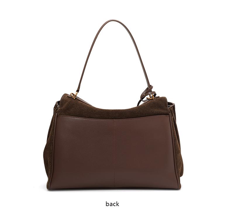 Women's Genuine Two-Layer Leather Shoulder Bag - Brown Suede Handbag with Gold Hardware, Classic Tote for Daily Use & Work