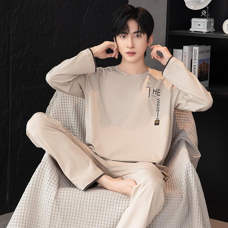 Two Pieces Set Men's Cotton Pajamas Set Long Sleeves Sleeping Top Pant Nightwear Big Size L-3XL Pyjamas Young Boy Pijamas Hombre