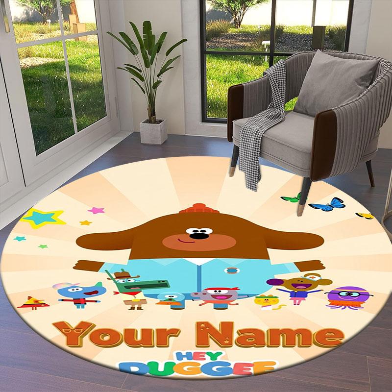 Hey Duggee Custom Name Round Area Rug,Carpet Rug for Living Room Bedroom Sofa Playroom Decor,Non-slip Floor Mat