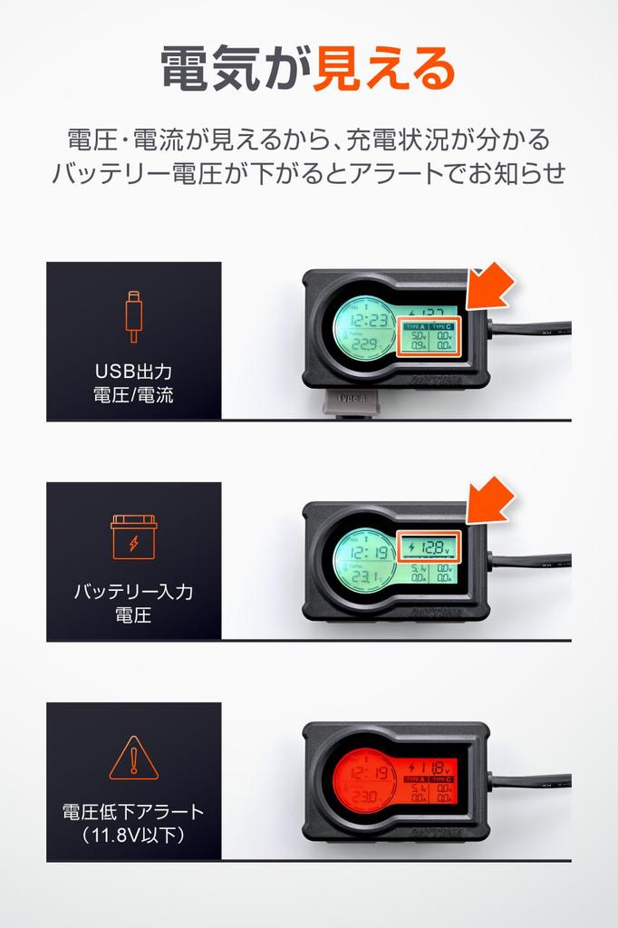 Daytona Motorcycle USB Power Supply with Compatible Rapid Charging 36W Compatible Digital Multimeter 31578 Voltmeter/Radio Clock/Thermometer USB-A+C