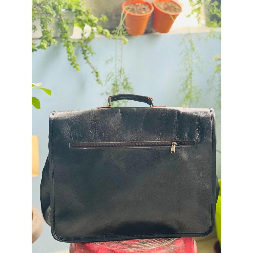 Men's Genuine Goat Leather Vintage Laptop Handmade Messenger Black Bag Satchel