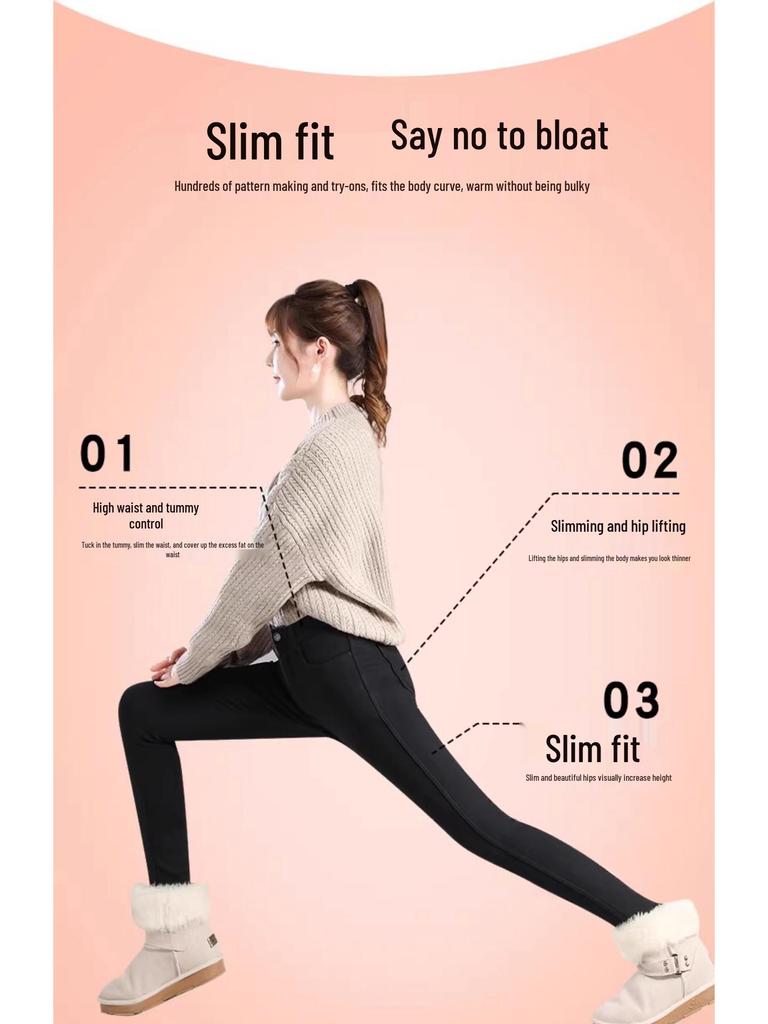 Женские зимние черные леггинсы на флисовой подкладке - Толстый хлопок из овечьей шерсти, Облегающий крой, Стиль осень/зима 2025