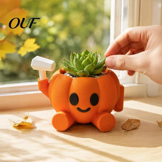 Pumpkin Shaped Succulent Planter 3D Printed Flower Pot, Smiling Succulents Cute Humanoid Indoor Garden Decoration with Replaceable Accessories,
