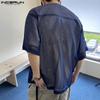 INCERUN Мужские топы с круглым вырезом и принтом, прозрачные сетчатые футболки