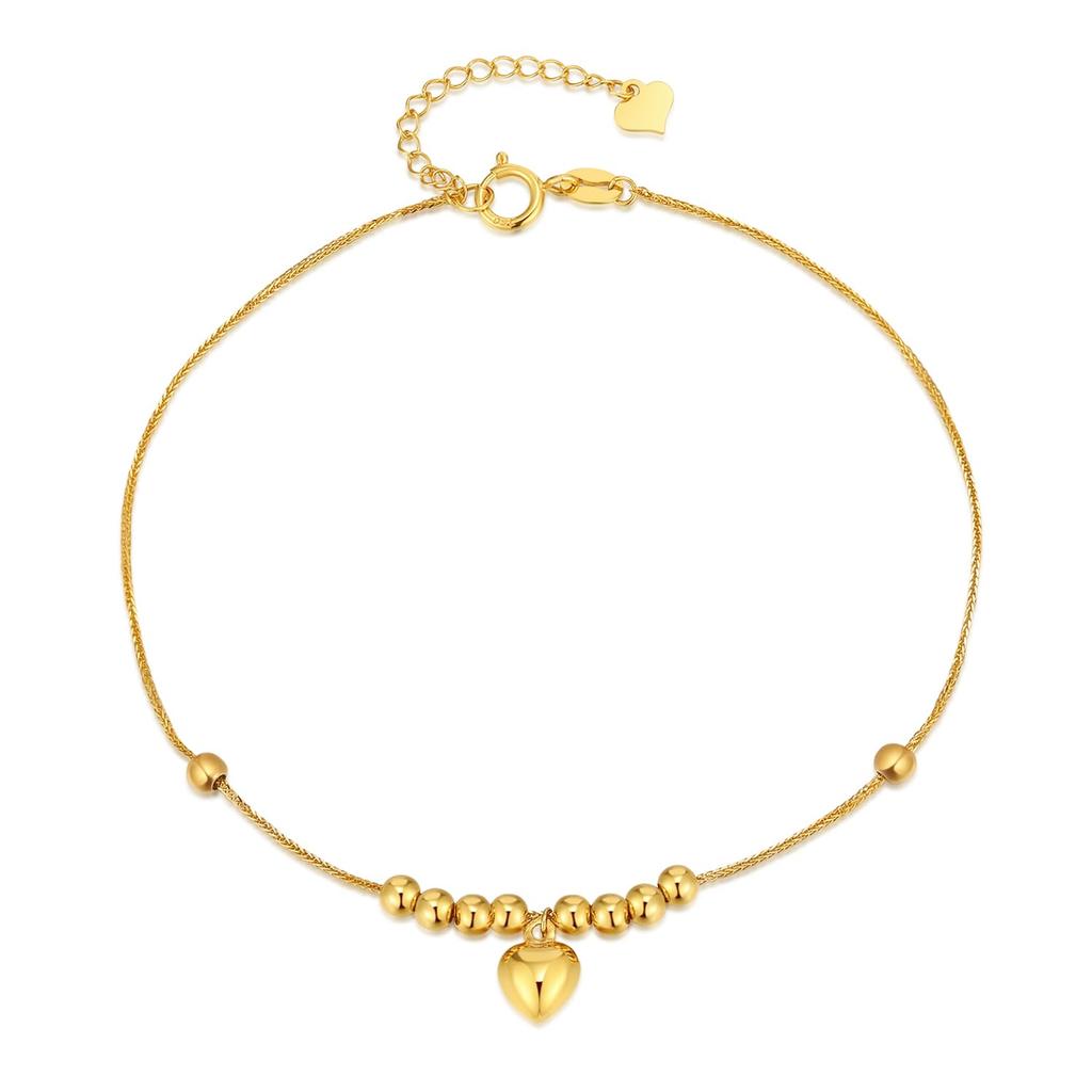 FANCIME K18 Yellow Gold Bracelet for Women Heart Pendant Ball 18K Gold Dangling Pendant Lucky Charm Christmas Birthday Anniversary Present Gift