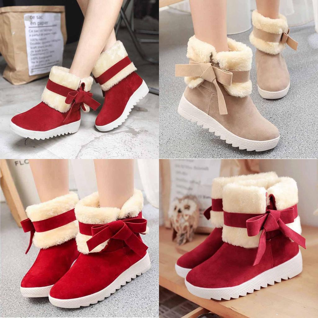 Women's Winter Boots Warm Fur Lined Casual Ankle Shoes With Sweet Bow Flats