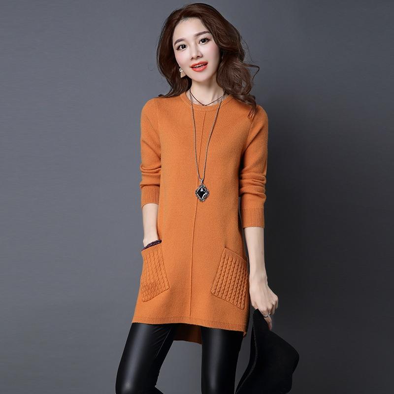 Spring Autumn and Winter Women's Mid-length Pullover Jumper Korean Version of Loose Simple Bottoming Shirt with Pockets of Knitted Jumper Dresses