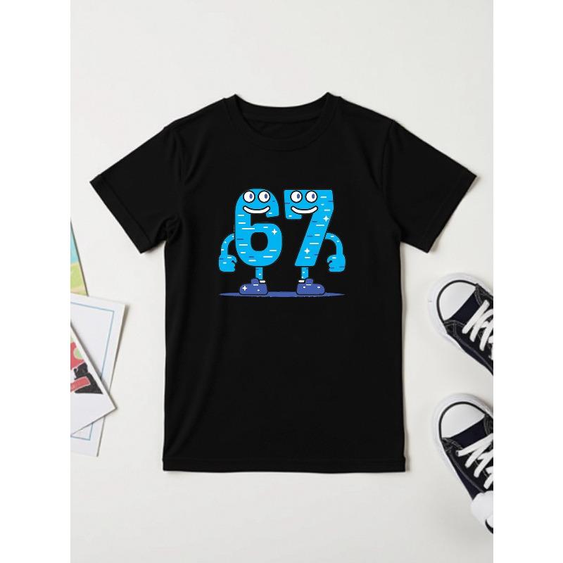 European sizes Children's Fun Number 67 Cartoon Print T-Shirt, Cute Joyful Face Pattern Top for Boys and Girls, Summer New Casual Short Sleeve