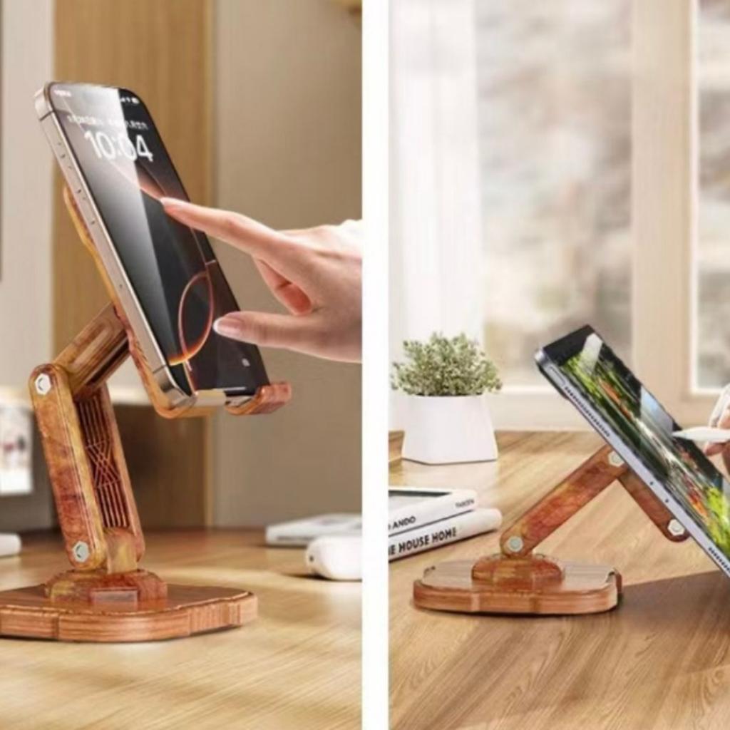 Multifunctional 360° Rotating Phone Mount with Adjustable Height – Heavy-Duty Carbon Steel and Wooden Desktop Stand