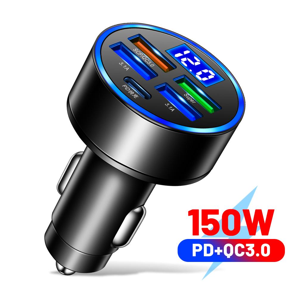 250W Car Charger QC3.0 PD Fast Charging with LED Display, 5-Port USB Car Adapter Compatible with iPhone & Android