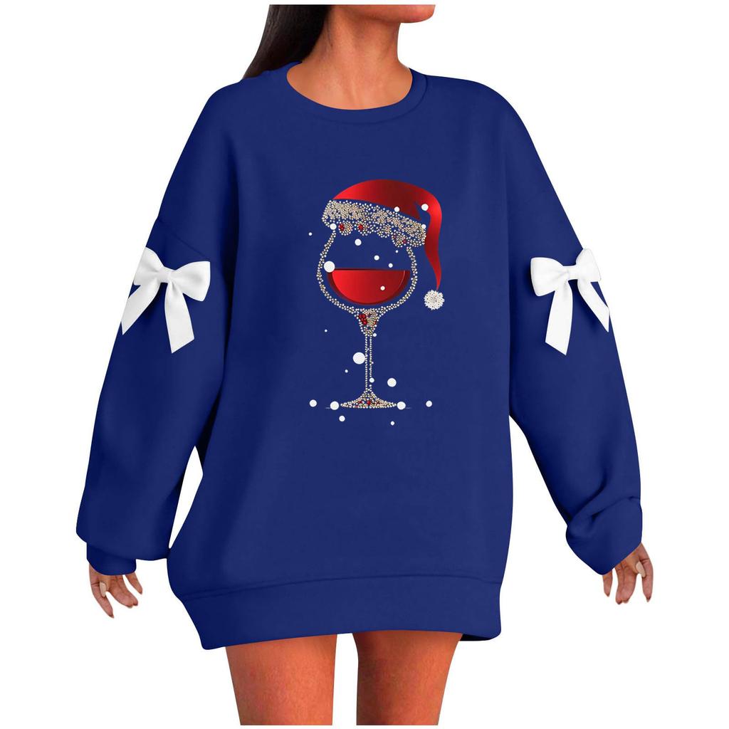 Ladies' Christmas Printed Bow Round Neck Long Sleeved Loose Pullover Sweater Sweatshirt Top