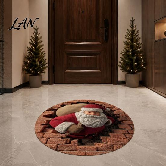 Decorative Indoor Room Rug Christmas Round Area Rug, 3D Optical Illusion Floor Mat with Santa Candy Cane Print, Non-Slip Stain Resistant Carpet