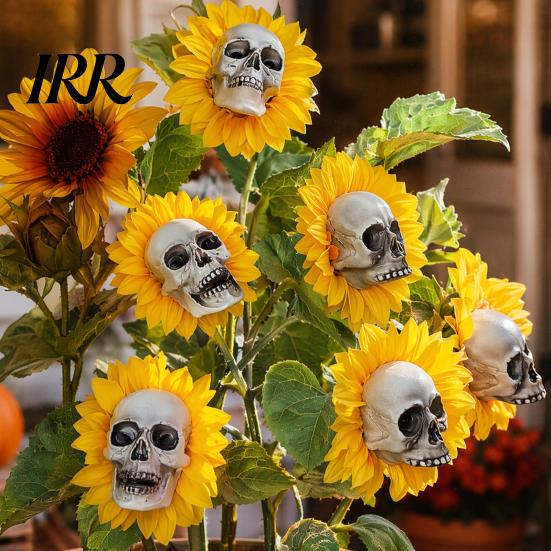 Fun Halloween Garden Accessory Sunflower Skull Ornament, Theme Decor, Potted Outdoor Spooky Planter Plant Waterproof Decoration, for Lawn