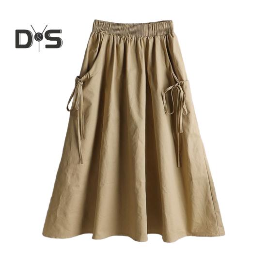 Юбка-карго с эластичным поясом и боковыми карманами, однотонная юбка-трапеция свободного кроя, миди-юбка в рабочем стиле, юбка на завязках