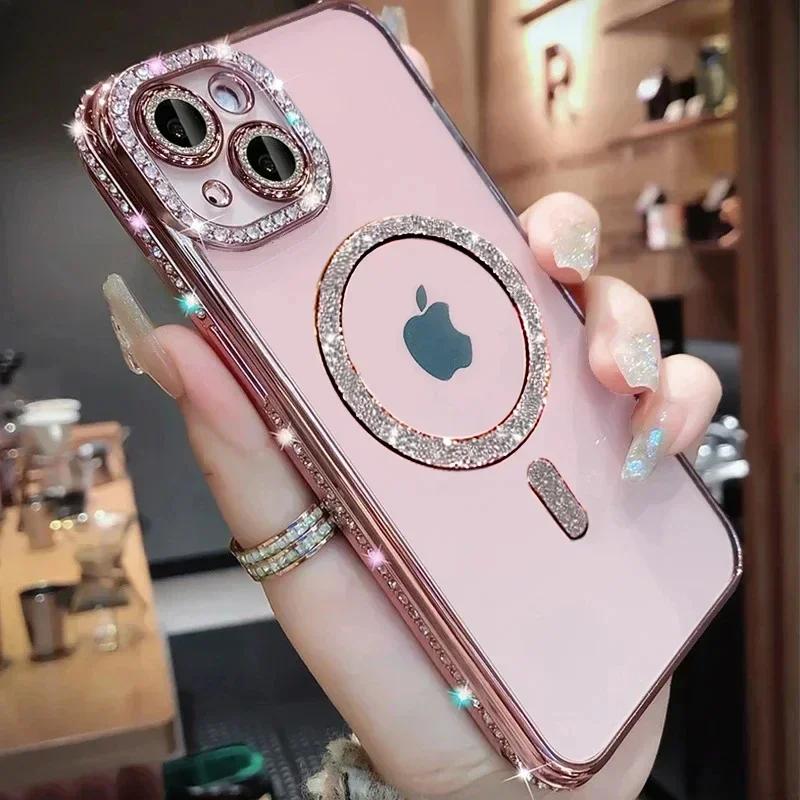 Прозрачный блестящий кристальный чехол для телефона для iPhone 17 Air 15 16 14 11 12 13 Pro Max Plus Для Magsafe Магнитная беспроводная зарядка Чехол