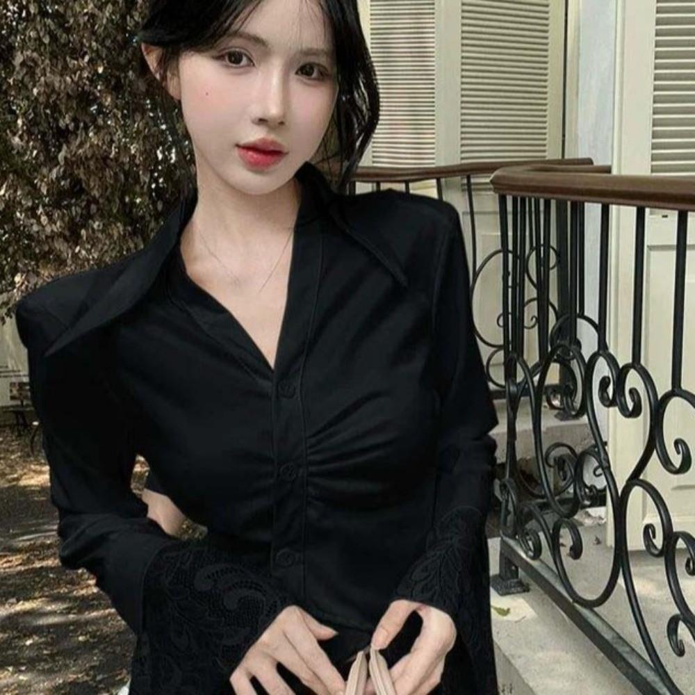 V-neck Lace Long Sleeve Shirts Lace Clothing Sleeves Slim Buttons Shirts Korean Style Blouse  Women