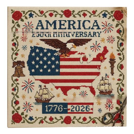 America Patriotic Cross Stitch US 250th Anniversary Cross Stitch Kit Beginner-Friendly Commemorative DIY Embroidery Gifts for Veterans Military Fans