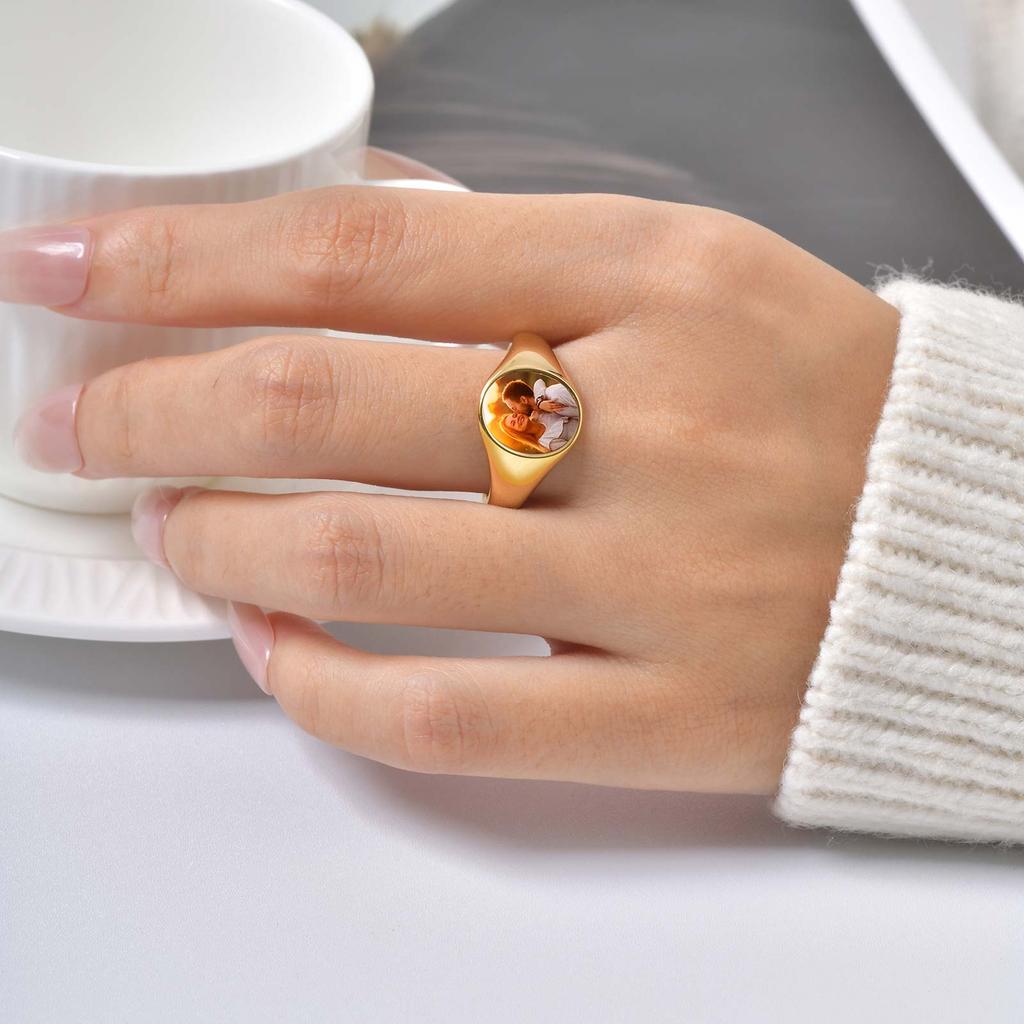 Custom Photo Signet Ring for Woman Stainless Steel Logo Symbol Image Family Photo Round Heart Rings Personalized Jewelry Gift
