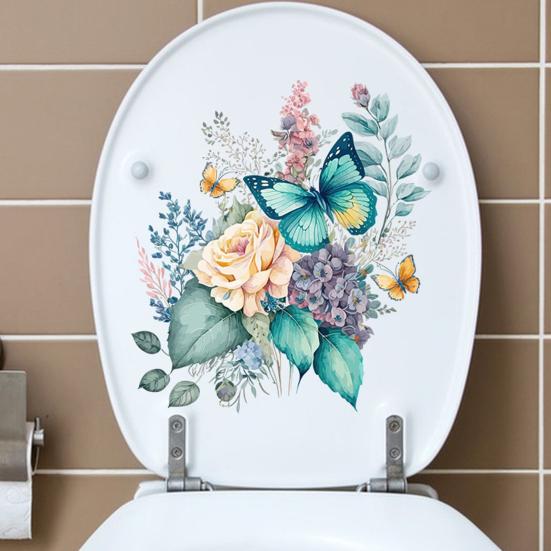 Toilet Stickers Watercolor Floral Peony Butterfly Durable Waterproof Self-Adhesive Wall Sticker for Bathroom Decor