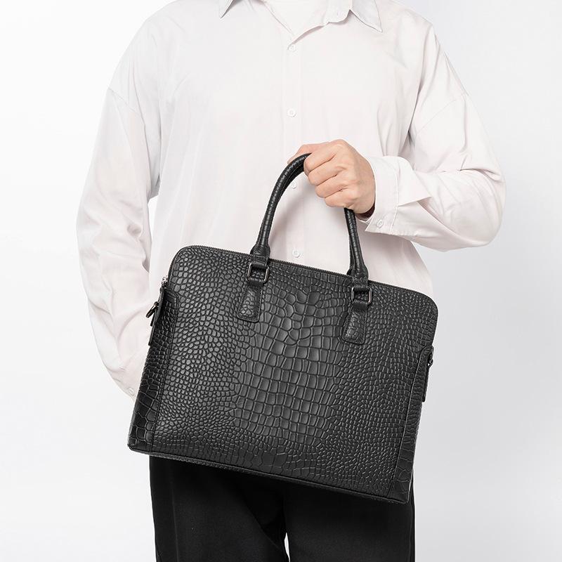 Мужской портфель из натуральной кожи с тиснением под аллигатора, мужская сумка с двойной молнией, деловая сумка для компьютера, офисная сумка через плечо