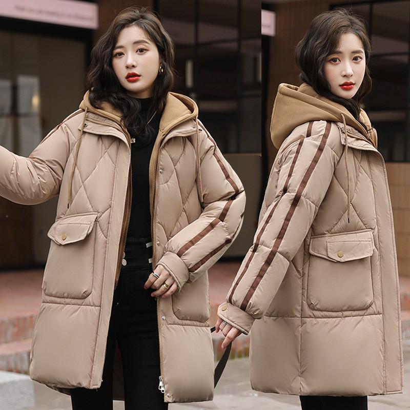 Womens Warm Puffer Coat With Hooded Design Loose Fit Mid-Length Winter Jacket Cotton-Padded Outerwear