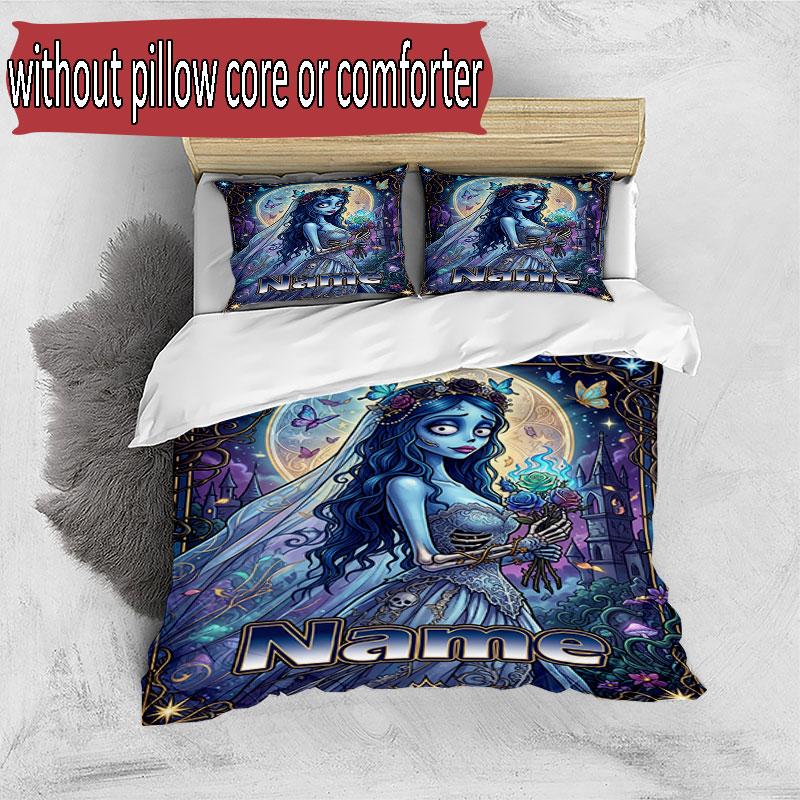 3pcs Duvet Cover Set (1*Duvet Cover + 2*Pillowcase, Without Core), Custom Name Corpse Bride Pattern Bedding Set, Home Bedroom Decor Gift