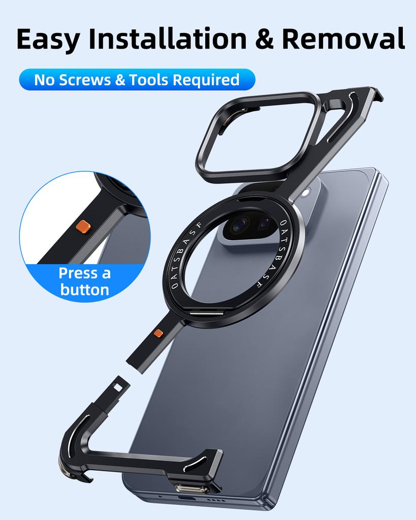 Oatsbasf Metal Bumper Case for Google Pixel 10 Pro Fold Z Shape Slim Phone Case with Magnetic Ring Stand Simple Back Cover Shell