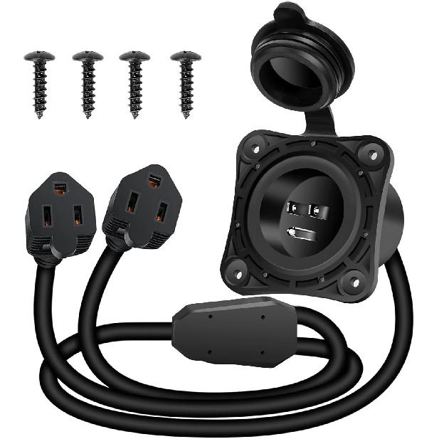 15 Amp 125V AC Power Inlet Port Plug, RV Shore Power Inlet Socket with Dual 18 Inches Extension Cord and Waterproof Back Cover, NEMA 5-15 Outdoor