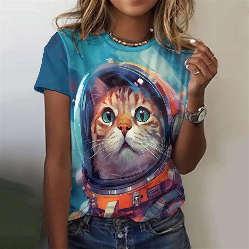 Футболка с рисунком астронавта и кота для женщин, крутые 3D-принты с короткими рукавами в стиле Харадзюку, летние свободные футболки с круглым вырезом, футболки