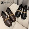 College Girls Small Leather Shoes Women Metal Chain Flats Thick Heels Square Toe Loafers Two Ways Derby Shoes for Woman Oxfords