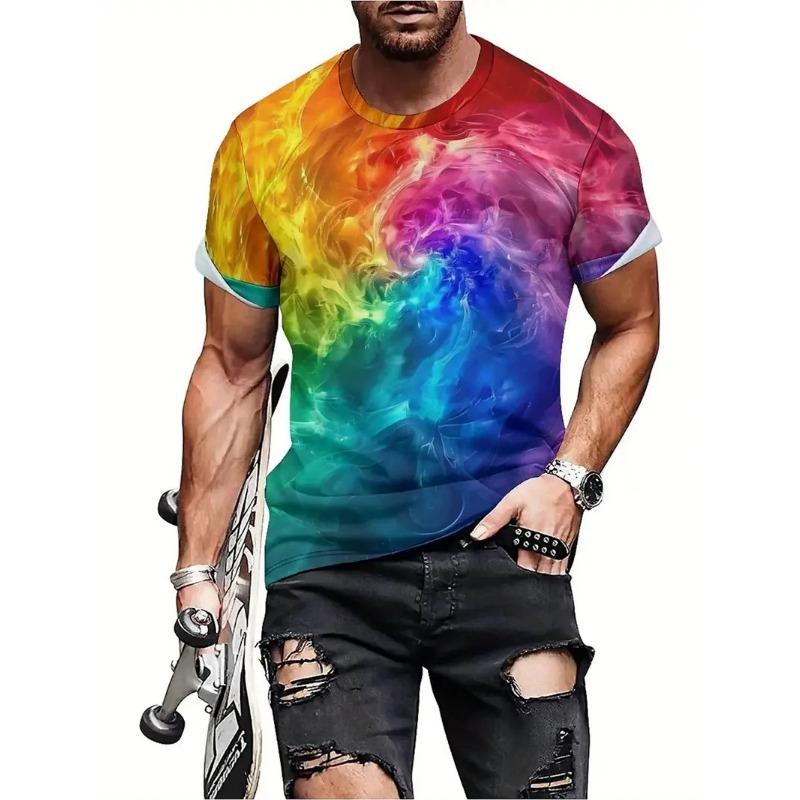 Summer Round Neck Colorful Abstract Pattern 3D Print Top Fashionable Casual Hip Hop Short Sleeved Men's T-shirts