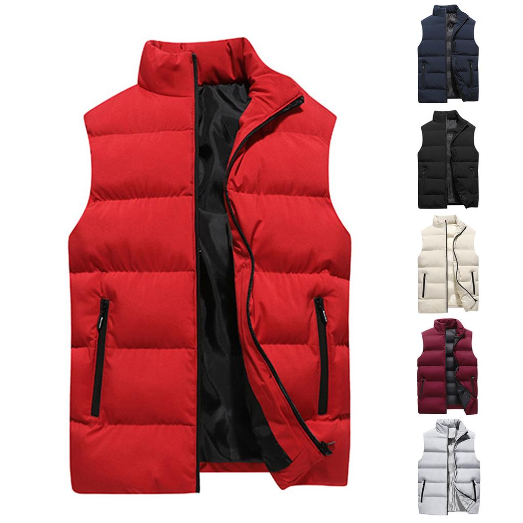 Men's Solid-color Casual Vest, Men's And Women's Zipper Stand-up Collar Thickened Warm Vest Jacket