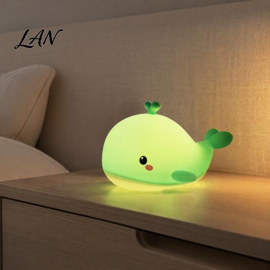 Portable Animal Night Light Cute Whale Silicone Touch Light, USB Rechargeable Bedside Lamp with Charging 3 Brightness & Remote Control, 30 Min