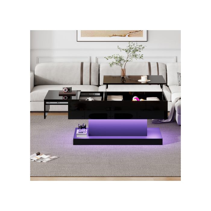 Table basse LED haute brillance Table basse 100x50x45 cm, avec éclairage LED - Plateau semi-soulevable