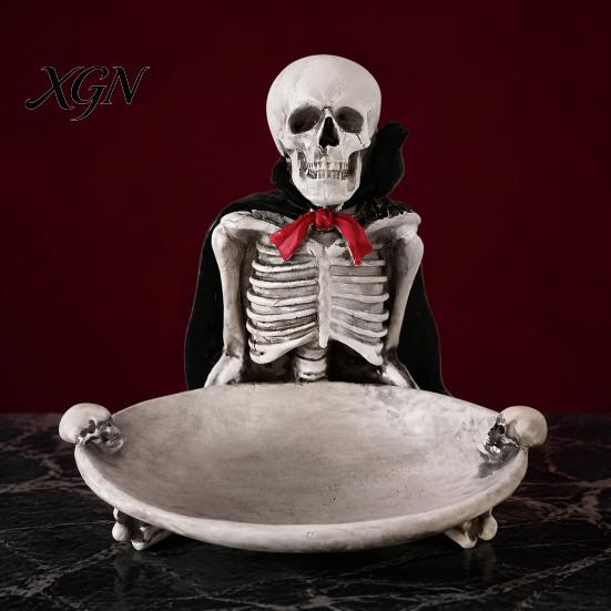 Halloween Party Supplies Skeleton Decorative Tray, Gothic Storage Tray with Black Cape Red Desktop Jewelry Organizer Bow, Multifunctional for