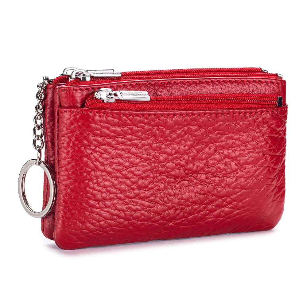 Fashion Women's Genuine Leather Coin Purses Mini Pouch Change Wallets 3 Zippered Change Pouch Wallet with Key Ring for Women