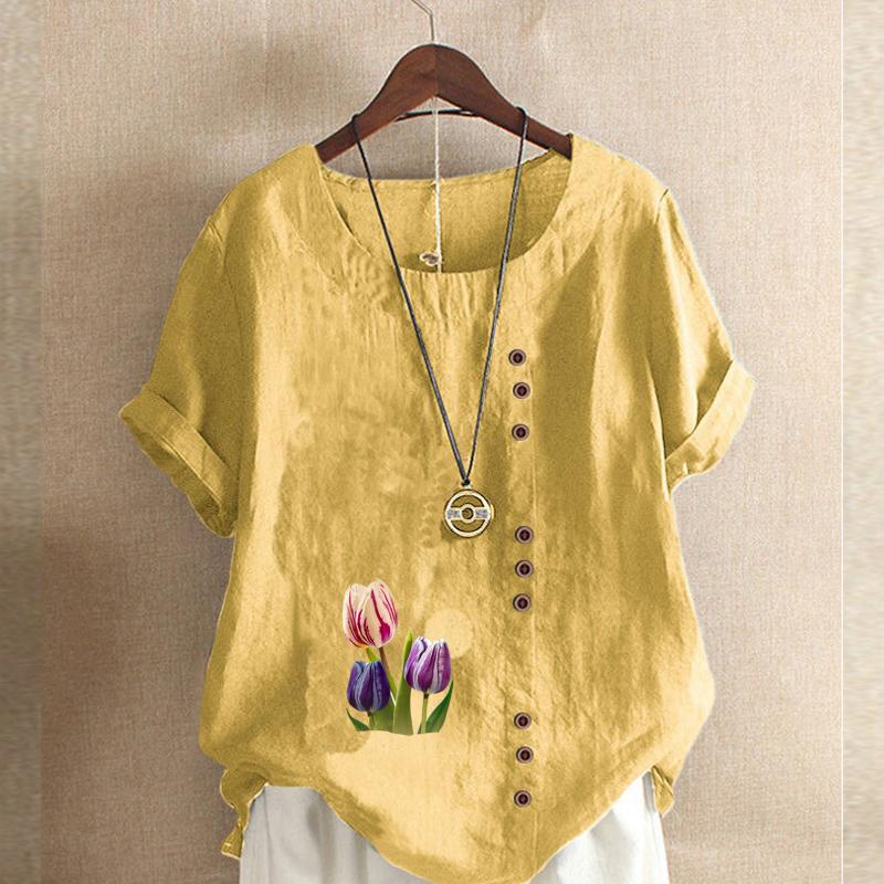 Women's Fashion Round Neck Short Sleeve T-shirt Casual Cotton Linen Graphic Shirt Tulips Prined Summer Blouse Tops