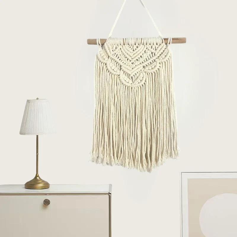 Boho Macrame Wall Hanging Hand Woven Bohemian Style Tassel Cotton Tapestries Beige Wall Decoration for Study Decoration