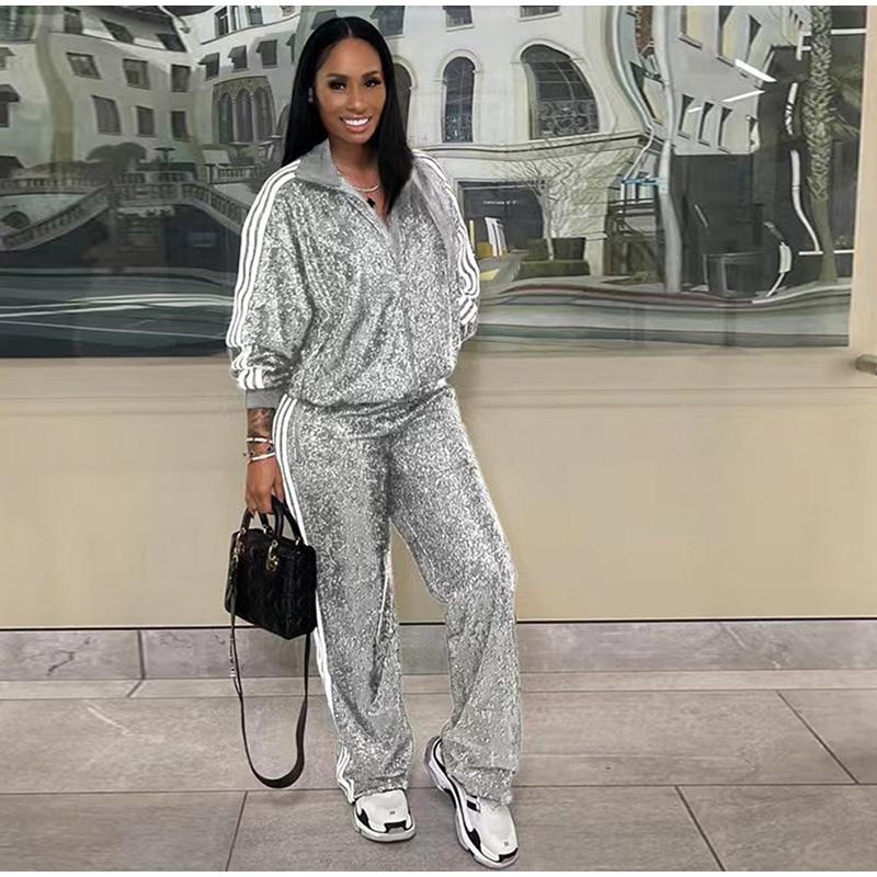 Модный комплект из 2 предметов с пайетками, женская куртка с длинным рукавом на молнии в полоску, пальто и прямые брюки, женский комплект одежды для вечеринок и клубов, весна 2025 г.