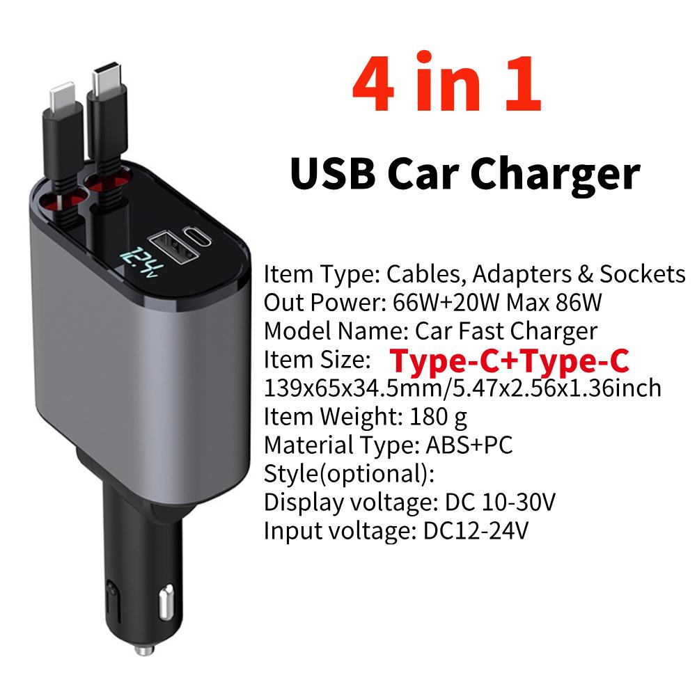 4 in 1 USB Car Fast Charger Super Fast Charge Type C for Apple USB Charger Socket Digital Display Car Power Adapter 86W PD QC3.0