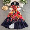 Summer Fashion Suit with A Cinched Waist Women's Single-breasted Printed Large Hem Dress