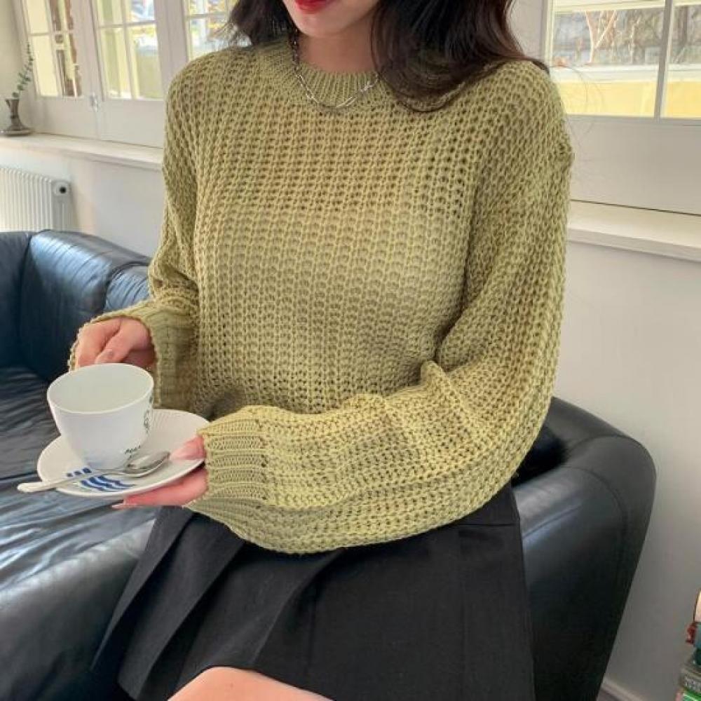 New Arrivals Open Run Women Loose Fit Crop Long Sleeve Knit Classic Waffle