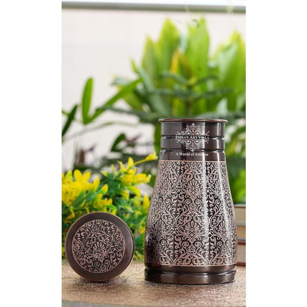 Бутылка для воды из чистой меди со встроенным стеклом, темный рельефный дизайн, графин на тумбочке, аюрведические преимущества для здоровья, 950 мл (Пакет из 1)